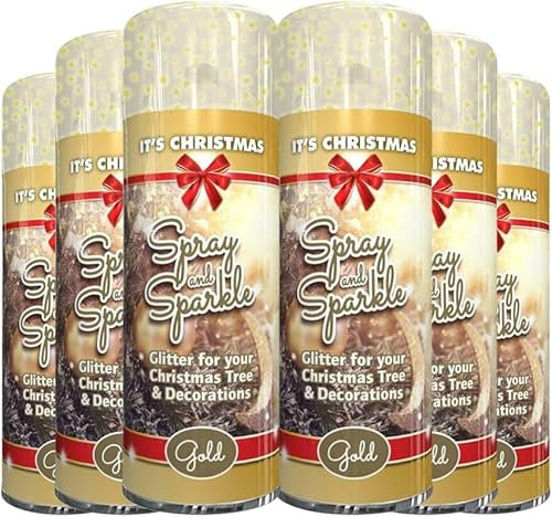 AbbeyShake Christmas Glitter Gold Spray & Sparkle Paint 200ml - Decorative - Creative - Dazzling Effect - Pack of 6 Cans (Christmas Gold)