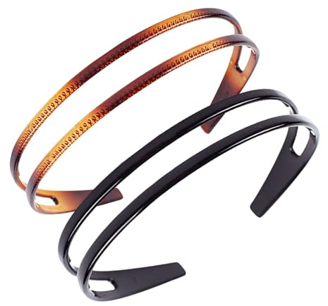 Lot de 2 bandeaux en plastique - Double rangée de dents - Pour femme - Accessoire de démaquillage - Noir brillant - Écaille claire