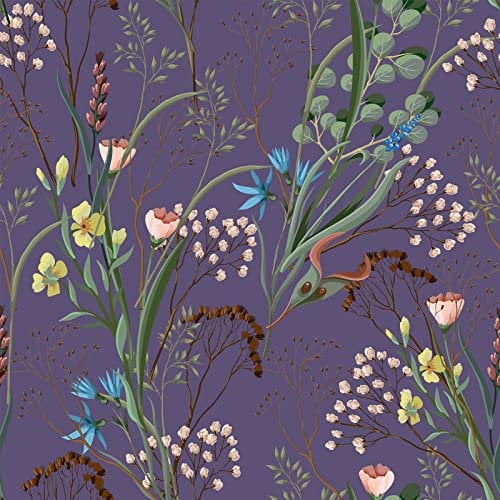 VEELIKE Papel Pintado Flores Morado Vintage Papel Pintado Hojas Lilas Papel Pintado Pared Autoadhesivo Tropical Papel Pintado Estampado Flores Papel Paredes Decoración Dormitorio Baño 44.5cm × 300cm