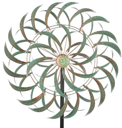 Viveta Großes Windspiel für den Außenbereich, 53,3 x 215,9 cm, Metall-Windskulptur mit 4 stabilen Heringen, grünes Doppelwindspiel, dekorative Windmühle für Hof und Garten