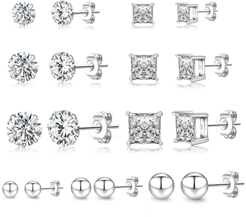 LOUMILEO Ohrstecker Silber 925 Damen 9 Paare 925 Silber Ohrringe Set Hypoallergen Cubic Zirkonia Ohrstecker Silber Ohrringe für Damen MäDchen Ohrringe Set für Mehrere OhrlöCher 4/5/8 mm
