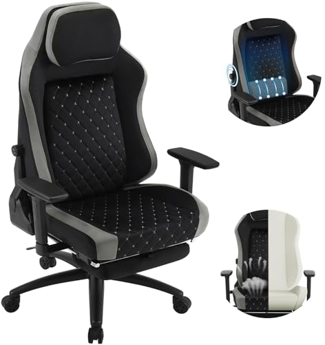 WOLTU Gaming Stuhl, Bürostuhl ergonomisch, mit Langlebiger integrierter Schwamm, adaptiver Lendenwirbelstütze, Fußstütze Armlehnen, Samtbezug Metallrahmen, Schwarz + Grau, GS05szg