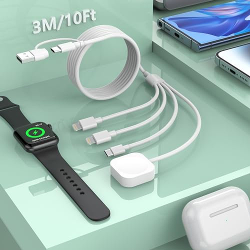 Travel 3M/10FT USB C Multi 6-in-1 Fast Charging iWatch Charger Cable,USB A/USB C Apple Watch Charger+Lightning*2+Type C Cord Combo for Smart Watch Series9 8 7 6 5 SE/iPhone15 14 13/Samsung/iPad/Huawei