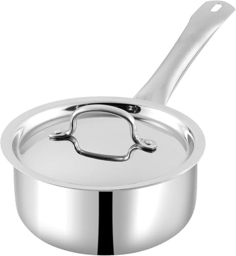 Nobel Tri-Ply Stainless Steel Sauce Pan with Stainless Steel lid, 2.5mm Thick, Silver (Gas and Induction Friendly) (14 cm with S.S. Lid)