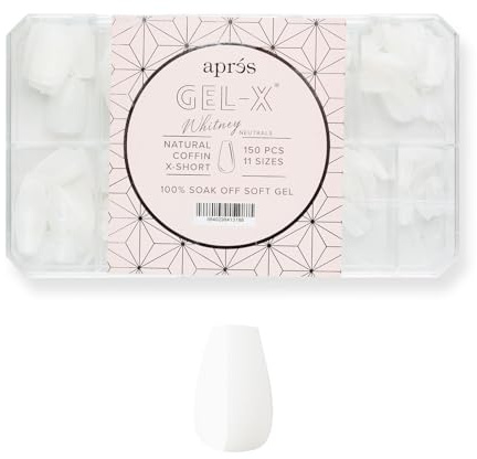Aprés Neutrals Gel-X Whitney Nail Tips (Natural Coffin Extra Short, 150) | 11 Sizes 00-9, Soft Gel Tip Box (150pcs)
