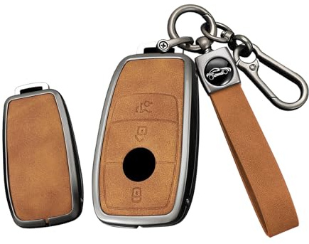 TECART Coque de clé de voiture pour Mercedes Benz Classe A B C CLA CLS GLB GLC S W177 W247 W205 S205 C205 A205 C118 Coque en cuir 3/4 boutons, 3 boutons marron, 3 Tasten