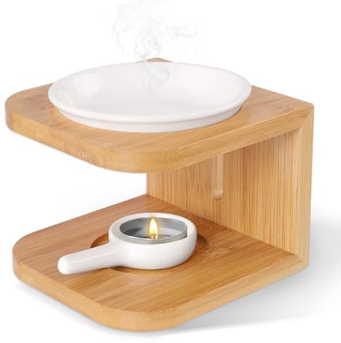 Lampe parfumée en Bambou,Brûleur à Huile Essentielle en Céramique Bambou,Lampe parfumée en céramique,Brûleur à Huile pour Huile Essentielle,Lampe aromatique avec photophore