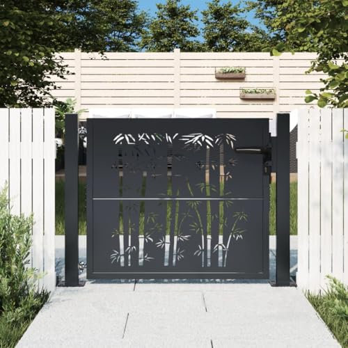 Homgoday Garden Gate Steel Grey Anthracite Design Bamboo 105 x 105 cm, Garden Gate Canopy, Barrier Fence Gate Patio Outdoor Entrance Fence