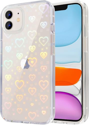 for iPhone 12/iPhone 12 Pro Case, Clear Cute Glitter Holographic Heart Phone Case for Girls Women, Anti-Yellow Protective Hard PC Cover Soft Silicone Frame for iPhone 12/iPhone 12 Pro, Rainbow Heart