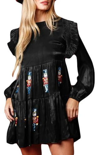 CosTribe Women Christmas Sequin Skirt Nutcracker Sweatshirt T-Shirt Dress Holiday Party Long Sleeve Santa Sweater Mini Dress, Chirstmas Black, S