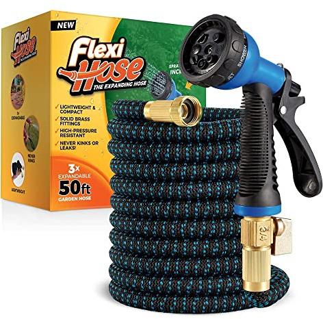 Flexi Hose Expandable Garden Hose 50ft, 8 Function Spray Nozzle, Black | 3/4 Solid Brass Fittings, Double Latex Core, Lightweight Flexible Water Hose, No-Kink, Leakproof, Durable & Easy