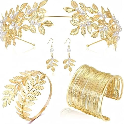 Moxiewell 4 Stück Griechische Göttin Kostüm Schmuck Set, Lorbeerkranz Haarreif Kopfschmuck Gold Set, Goldene Krone Stirnband Blatt Spule Oberarmreif Armband Ohrringe Metall Haarschmuck Accessoires