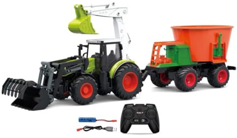 Charmofun RC Trattore Telecomandato per Bambini, Trattore Radiocomandato Giocattolo con Betoniera e Luci, 2.4GHz Trattore Telecomandato con Rimorchio, Bambini dai 3 4 5 6 Anni in su