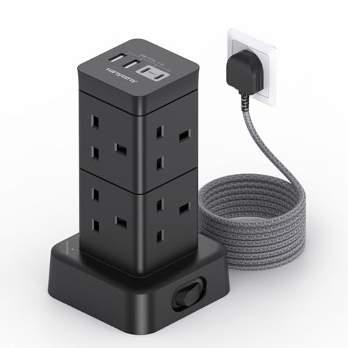 Tower Extension Lead, 8 Way Outlets Power Strip [13A 3250W], Surge Protected Extension Lead, 1.8M Extension Cable, Multi Plug Extension Socket with 2 USB C Slots for Home, Office, Kitchen, Black