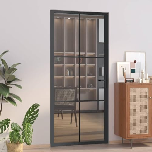 Massbinet Innentür 93x201,5 cm Schwarz ESG-Glas und Aluminium Zimmertür Komplettset mit Zarge und Türdrücker