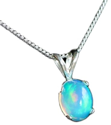 LKBEADS natürlicher äthiopischer Welo-Opal, 8 x 6 mm, facettierter blauer Pval-Anhänger, ovale Halskette aus 925er Sterlingsilber mit 18 Zoll langer Kabelkette, heilende Energie, spirituelles
