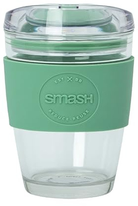 Smash Glass Coffee Cup 350ml / 8oz – Sage | with Protective Silicone Sleeve | Glass Coffee Cup