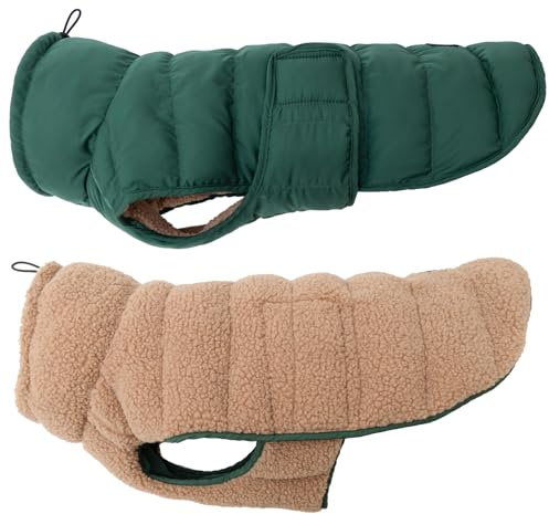 Wanderpfote Hundemantel Beidseitig Tragbar, Puffer-Design – Cozy Sherpa Fell oder Moderne Puffer-Jacke - Wendbare Hundejacke, Hunde Wintermantel (Grün/Beige, 35)