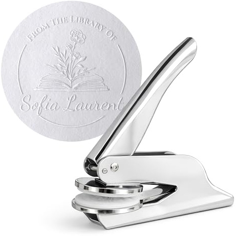 JUST REFINE® Ex Libris Prägestempel Personalisiert – Buch Prägezange für Papier - Ideal als Geschenk oder zu besonderen Anlässen - Verschiedene Motive (Silber, Floris)