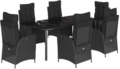 Mhdvray 7tlg Garten-Essgruppe Schwarz Poly Rattan Glastisch 200x100 verstellbare wetterfeste dick gepolsterte Lounge Balkon Terrasse