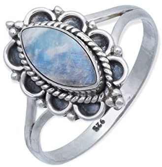 mantraroma Damen Ring Silber mit Stein Regenbogen Mondstein Edelstein weiß ausgefallen verspielt