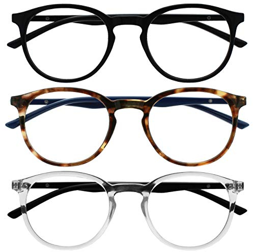 OPULIZE Met - Lesebrille Blaulichtfilter 3er Pack Schlank Runder Rahmen Federscharniere Verbessert Schlaf Computer Gaming Entspiegelt Schwarz Braun Transparent Herren Damen BBB60-12C +1.00