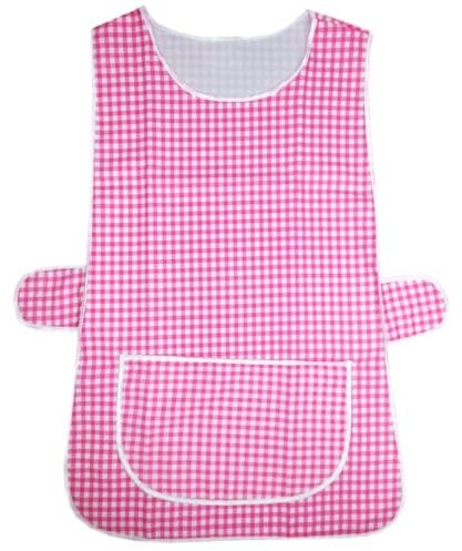 MyShoeStore Pack of 2 Check Tabard Ladies Womens Home Work Kitchen Cleaning Chef Catering Cleaners Workwear Overall Piping Edge Checkered Tabbard Apron Large Pocket Side Button Fastening(Pink,WX)