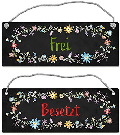 Schwarzes Toilette ist frei oder besetzt Wendeschild mit Blumen Motiv und Kordel