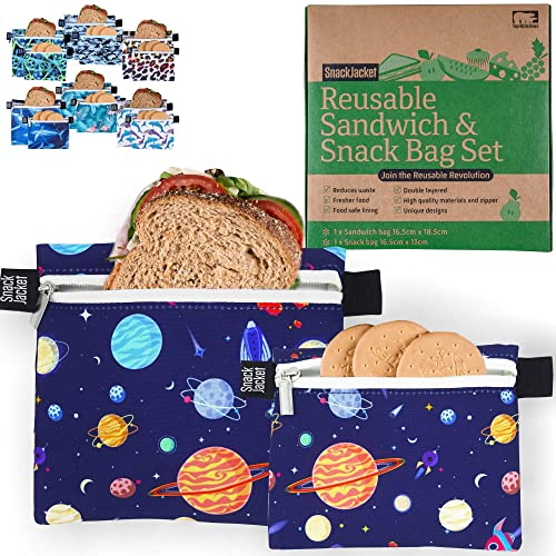 Reusable Sandwich & Snack Bags - by SnackJacket | Set of 2 | Eco Friendly Lunch Bags | 1 Tree Planted | Zero Waste Alternative to Plastic, Cling Film and Tin Foil. Planets