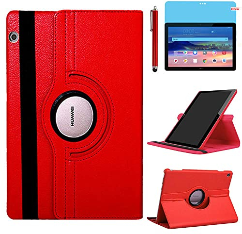 Case for Huawei MediaPad T5 10 Tablet 10.1 inch (AGS2-W09 AGS2-L09 AGS2-L03) - 360 Degree Rotating Stand Case Protective Cover,with Stylus Pen,Screen Film (Red)
