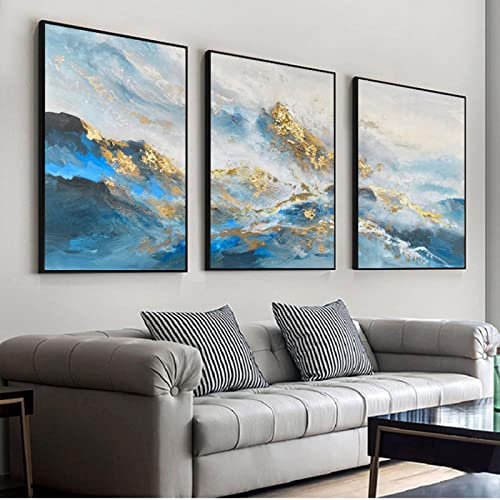 Schönes goldenes Bergbild für Wohnzimmer - Landschaftswandmalerei für Wohnkultur abstarct Ölgemälde auf Leinwand 50x70cm (20x28in)x3 mit Rahmen