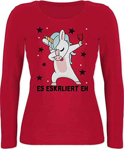 Langarmshirt Damen - Party & Alkohol - Es eskaliert eh Einhorn mit Weinglas - XL - Rot - saufgeschenke sprüche Sauf trinksprüchen Feier Teenager Statement Saufen Wein Liebhaber trinkspruch