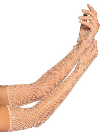 Gatielzana Women's Rhinestone Fishnet Gloves Mesh Long Sleeve Gloves, Nude, Nude, One Size