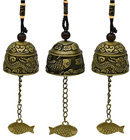 Pinenjoy 3 campanelle vintage a forma di drago in bronzo intagliato Feng Shui campana in metallo da appendere per buona fortuna benedica campanello a vento fai da te per casa giardino gronda
