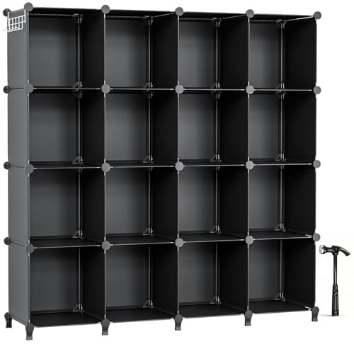 Neprock 16 Cubby Storage Organizer, Closet Clothes Storage Organizer, Cube Shelves Closet Organizers and Storage Shelves for Clothing Storage with Hammer, Bookshelf for Kids(Black)