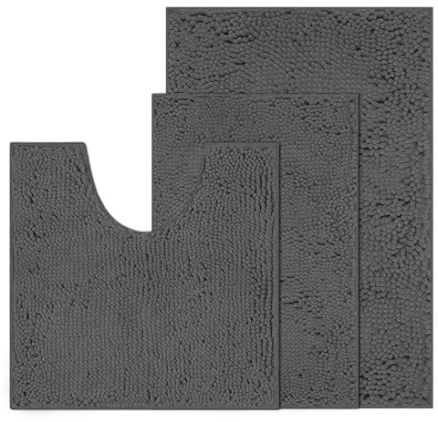 RUN HELIX Chenille Bath Mat, Non Slip Extra Soft Bath Toilet Mat 3 Pieces, Super Absorbent Bath Rug for Bathroom, Bedroom, Shower and Tub, Washable Quick Drying Bathroom Mat Dark Grey