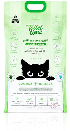Animal House Toilet Time - Litière en Cristaux de Silicium pour Chats - Antistatique et sûre - sans poussière - Ultra absorbante - Retient Les odeurs (Aloe, 15L)