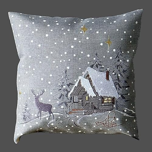 Tischdecke Mitteldecke Tischläufer Kissenhülle Winter grau braun Bestickt mit Motiv Winterwald Elch goldene Sterne (Kissenhülle 40 x 40 cm)