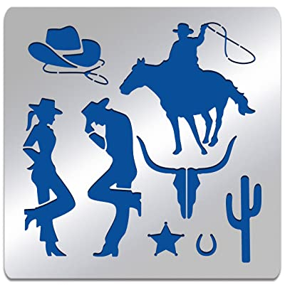 BENECREAT 15.6x15.6 cm Edelstahl-Schablonen Mit Western-Cowboy-Muster, Wiederverwendbare Kreative Aushöhlungs-Zeichnungsvorlage Für Heimwerker, Gravur, Scrapbooking