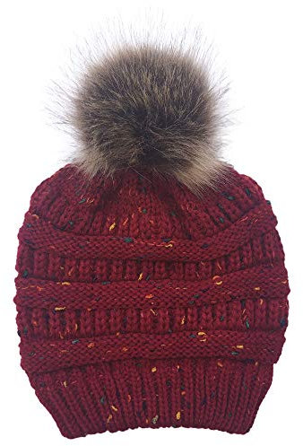 Unbekannt Damen Merino Mütze Mit Kunstfell Bommel Strick-Mütze Damen Grobstrick Pudel-Mütze Winter-Mütze Strickmütze Fellbommel Bommel Damen Winter Warm Beanie Mütze Strickmütze