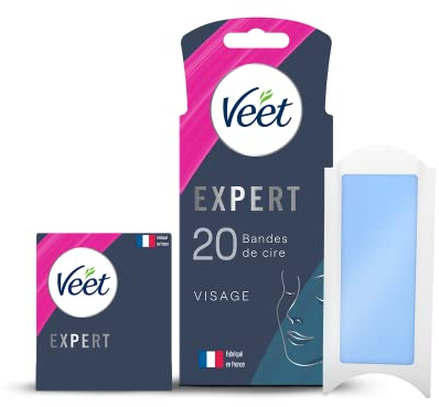 Veet EXPERT - 20 Bandes de Cire Froide Visage - Peaux Sensibles - Finition Parfaite - Epilation Longue Durée