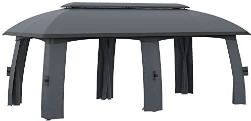 Outsunny Cenador de Jardín 3x6 m Gazebo Exterior con Doble Techo y 6 Mosquiteras con Cremallera y Marco de Metal para Fiestas Eventos Patio Gris Oscuro