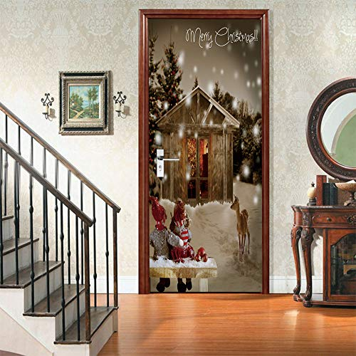 Tür bekleben mit Türtapete Selbstklebend Schnee & Holzhäuser Tür verschönern mit Türfolie Türaufkleber Türbilder Türposter Türklebefolie B77 x H200cm