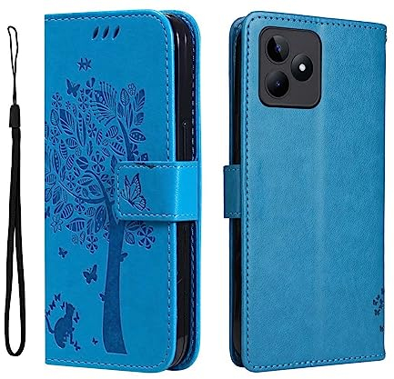GOKEN Funda para Realme C51 / Realme C53, Leather Folio Carcasa con Billetera, Relieve, Magnética Premium TPU PU Cuero FILP Case Cover con Soporte Tapa Tarjetas, Azul