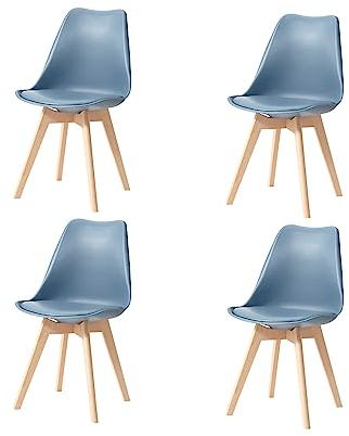 GrandCA HOME Pack de 4 Sillas de Comedor, Silla de Cocina Nórdica, Patas de Madera de Haya, Asiento Tapizado, Sillas Escandinavia para Salón,Azul Marino