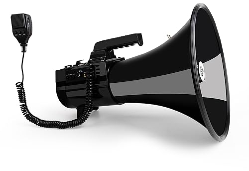 HornPro Megaphon 75 Watt Sirene Bullhorn – Bullhorn Lautsprecher mit abnehmbarem Mikrofon, eingebautem USB/SD/AUX, professionelle Outdoor-Stimme für Polizei und Cheerleading, Schwarz