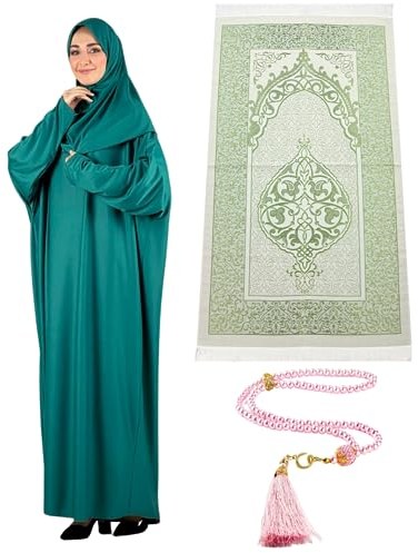 Prien Frauen Gebetskleidung Mit Hijab Gebetsperlen Gebetsteppich, Damen Muslim Kleidung, Islam Abaya Set, Ferace Tesettür Giyim, Islamische Langarm Kleid, Kopftuch, Gebetskleid Für Ramadan (Grün)