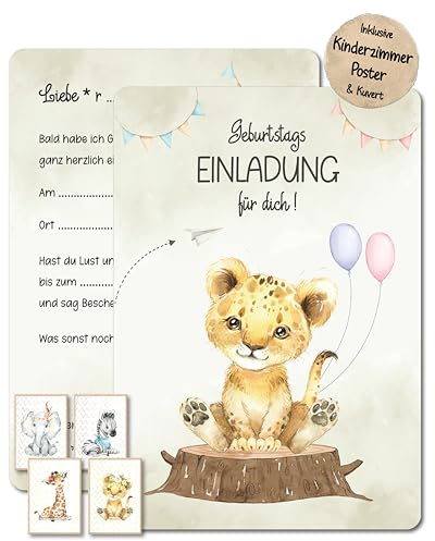 Pikaflor NEU 12 Einladungskarten mit Umschlägen & Kinderzimmer Poster Set für Kindergeburtstag & Party für Junge und Mädchen (Tiere - Löwe) | Einladung für Kinder Geburtstag und Kinderparty