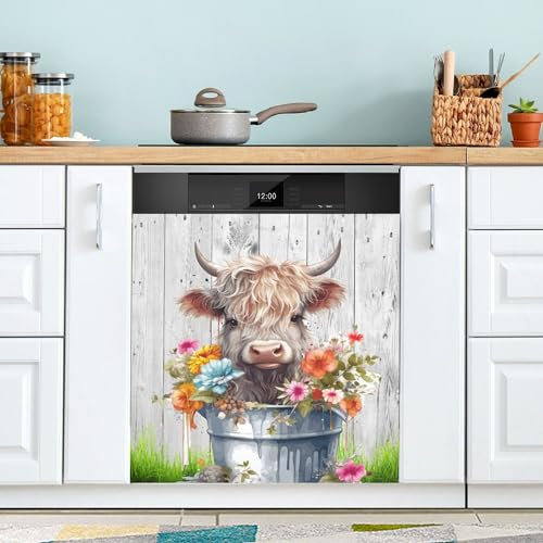 Niedliche Happy Highland Kuh mit Blumen Geschirrspüler-Magnetabdeckungen sauber schmutzig magnetische Kühlschrankabdeckung Schrank Waschküche Dekor 58,4 x 66 cm