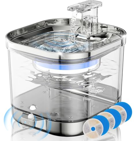 Baoduu 2L Fontaine a Eau Chat sans Fil avec Detecteur de Mouvement, 5000mAh Batterie Rechargeable, Multiple Filtre Fontaine Eau Chat, Gamelle Eau INOX, Silencieuse Distributeur Eau Chat, 4 Filtre
